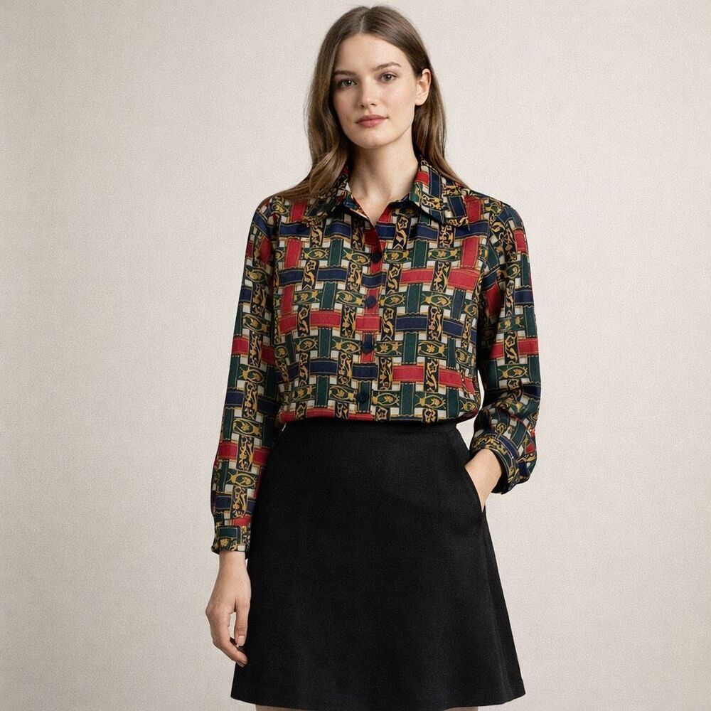 Talbots Silk Blouse Size 10 Vintage Baroque Chain Print Button Up